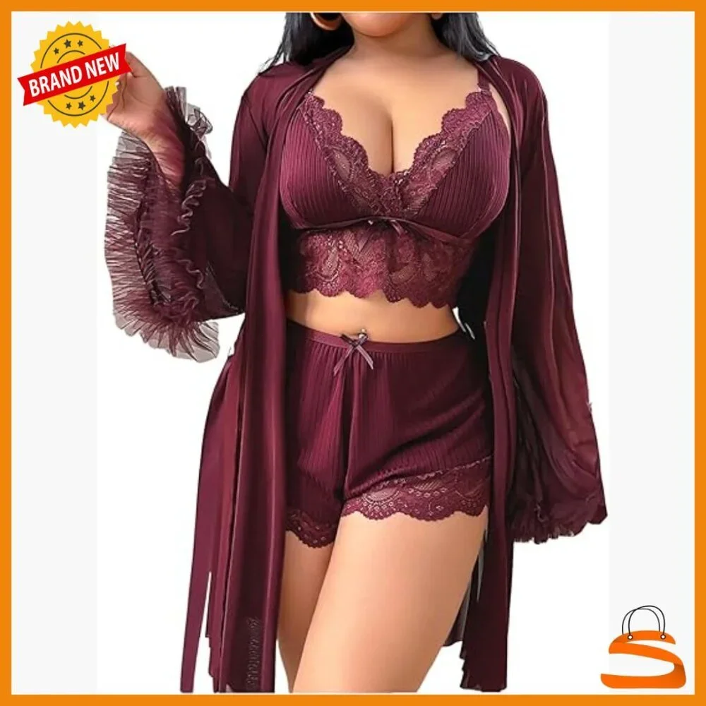 Plus Size Lingerie Set with Lace Bra Panty Long Sleeve Kimono Robe